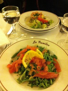 Red rocket salad with smoked salmon